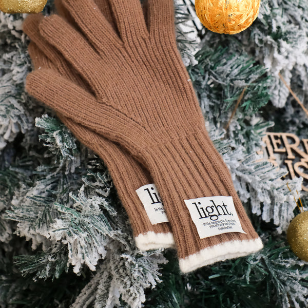 【手套】加厚加长冬季保暖软糯纯色绣标长款露指触屏护腕针织手套「握住光」