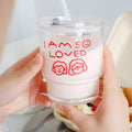 光盐生活馆简约线条插画带盖吸管玻璃杯情侣杯/彼此相爱 love one another