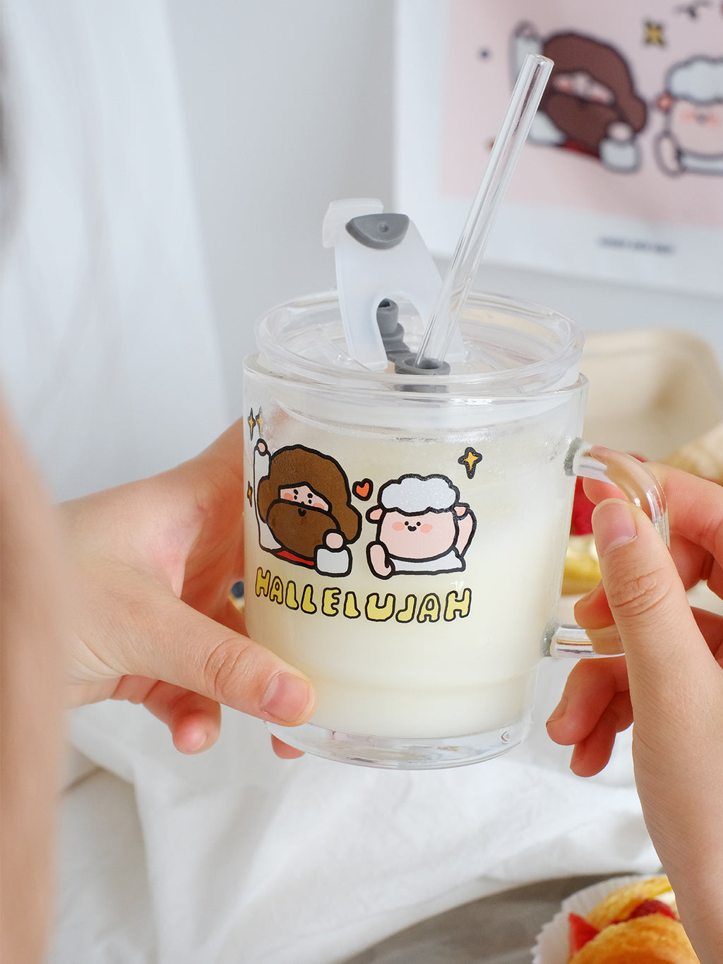 光盐生活馆原创卡通插画带盖吸管玻璃杯/hallelujah