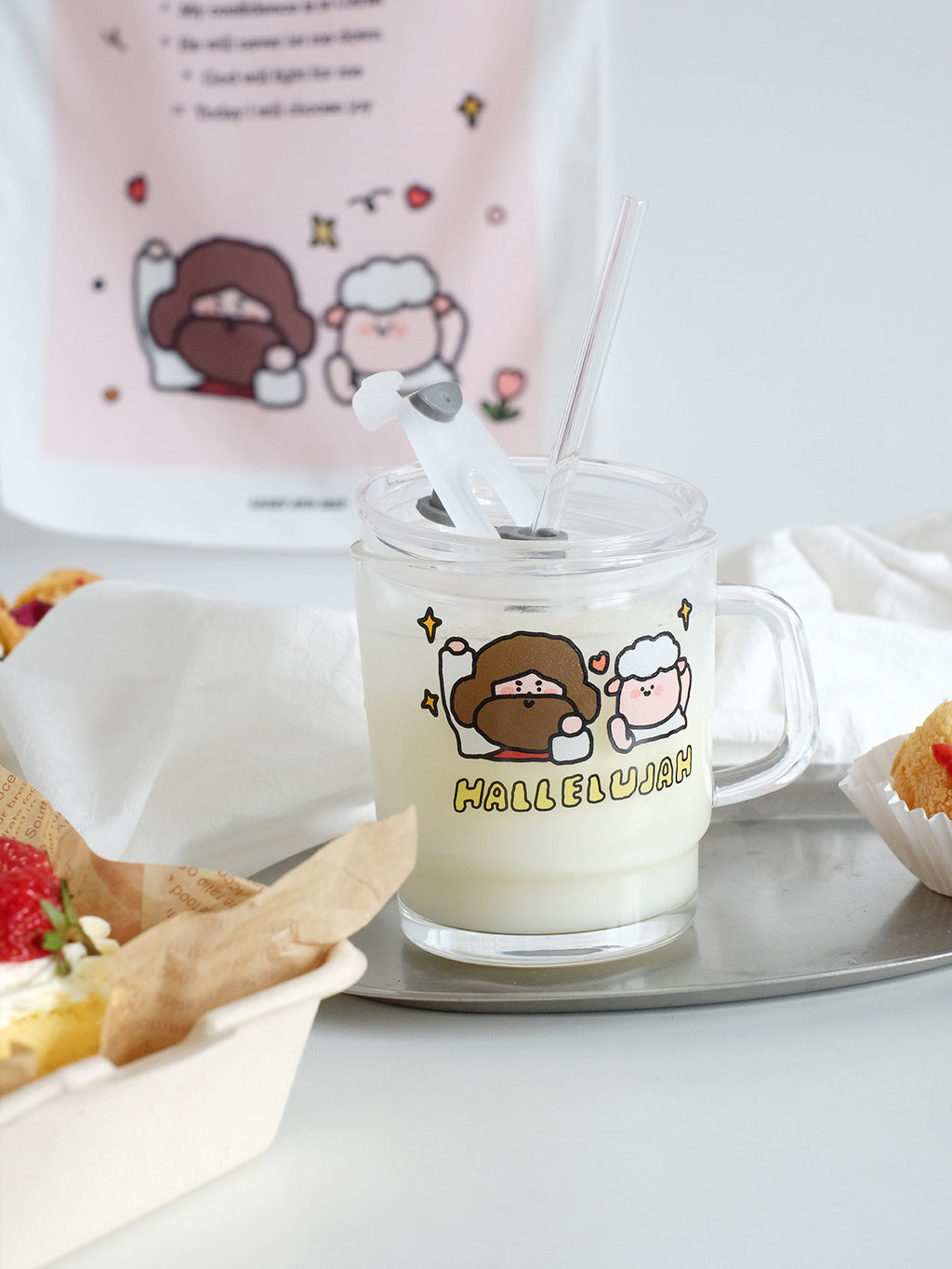 光盐生活馆原创卡通插画带盖吸管玻璃杯/hallelujah