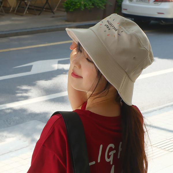 光盐生活馆夏季防晒遮阳渔夫帽男女通用尺码刺绣图案/欢呼喜乐/不论如何，祂都爱你